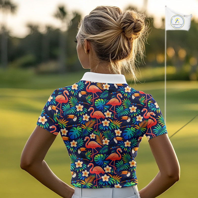 Funny Womens Golf Polo Shirt Custom Toucan Tropical Pattern, Flamingo Golf Shirts For LadiesNHN0099