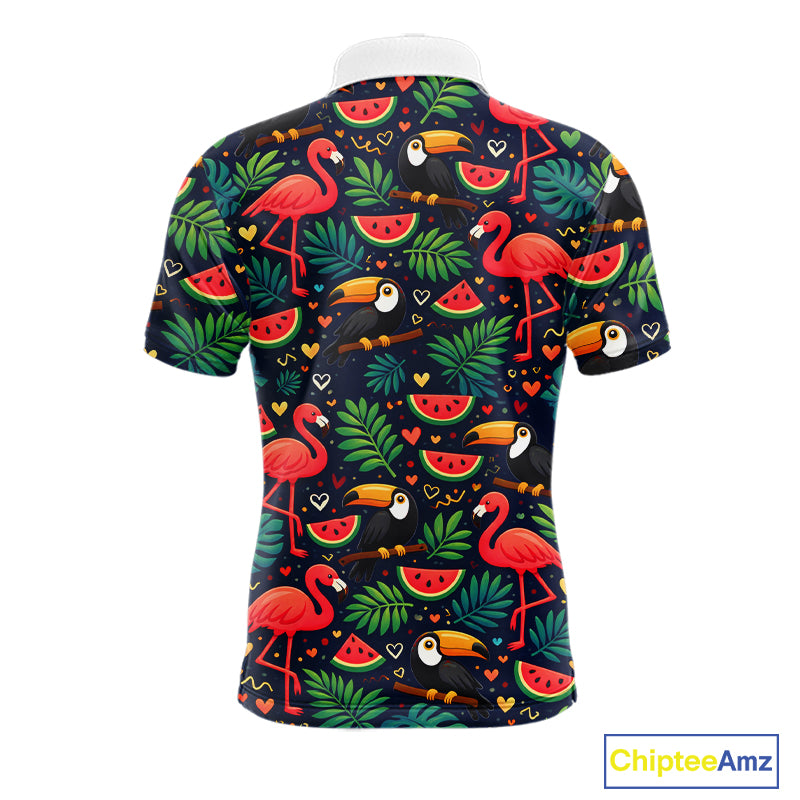 Funny Mens Golf Polo Shirt Custom Tropical Summer Pattern Flamingo Golf Shirts For Men NHN0099