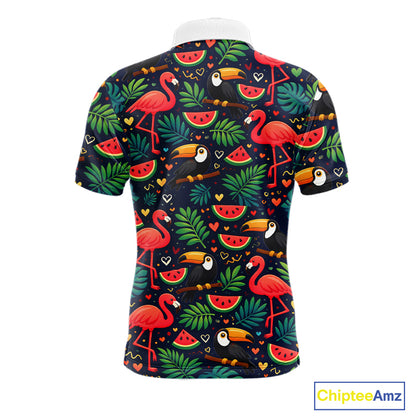 Funny Mens Golf Polo Shirt Custom Tropical Summer Pattern Flamingo Golf Shirts For Men NHN0099