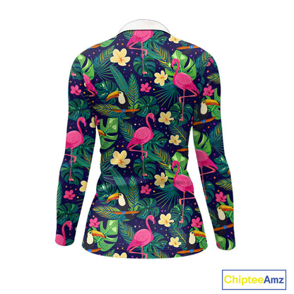 Funny Womens Long Sleeve Golf Polo Shirt Custom Tropical Pattern, Flamingo Golf Shirt For Ladies NHN0099