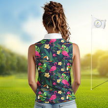 Load image into Gallery viewer, Funny Womens Sleeveless Golf Polo Shirt Custom Tropical Pattern, Flamingo Golf Shirt For Ladies NHN0099