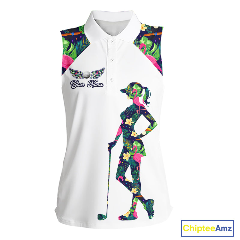 Funny Womens Sleeveless Golf Polo Shirt Custom Tropical Pattern, Flamingo Golf Shirt For Ladies NHN0099