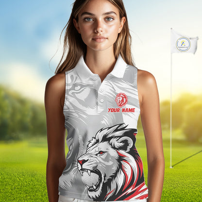 Lion Womens Sleeveless Golf Polo Shirt Custom Red And White Lion Best Golf Shirts For Women NHN0055