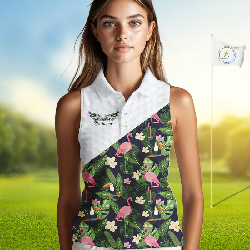 Womens Sleeveless Golf Polo Shirt Custom Tropical Pattern, Flamingo Golf Shirts For Ladies NHN0192