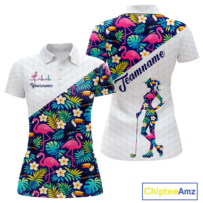 Funny Womens Golf Polo Shirt Custom Toucan Tropical Pattern, Flamingo Golf Shirts For Ladies NHN0192
