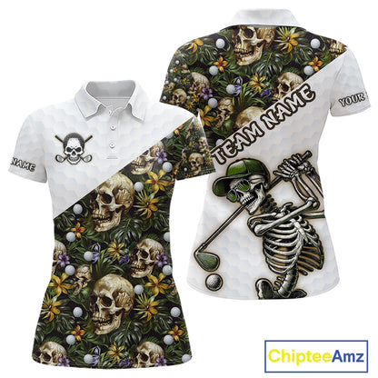Funny Womens Golf Polo Shirt Custom Green Tropical Pattern Golf Ball Personalized Skull Golf Shirts NHN0071