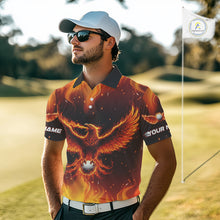 Load image into Gallery viewer, Mens Golf Polo Shirt Custom Phoenix Red Flame Team Golf Tops, White Golf Outfit For Men NHN0077