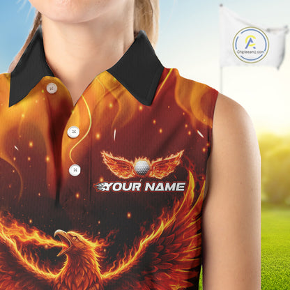 Womens Sleeveless Golf Polo Shirt Custom Phoenix Red Flame Team Golf Tops, White Golf Outfit For Women NHN0077