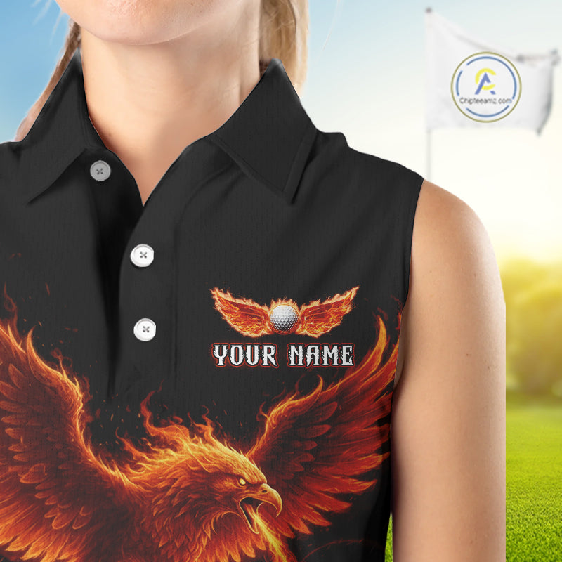 Womens Sleeveless Golf Polo Shirt Custom Phoenix Red Flame Team Golf Tops, White Golf Outfit For Ladies NHN0078