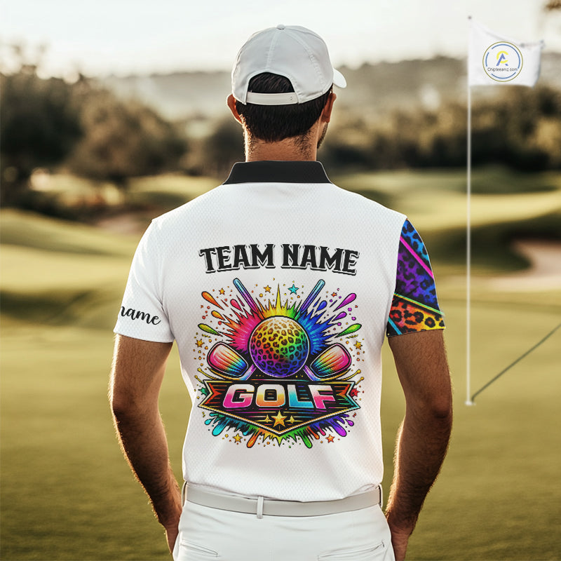 Rainbow Mens Golf Polo Shirt Leopard Print Pattern Custom Golf Ball Team Golf Tops, Golf Gifts NHN0226