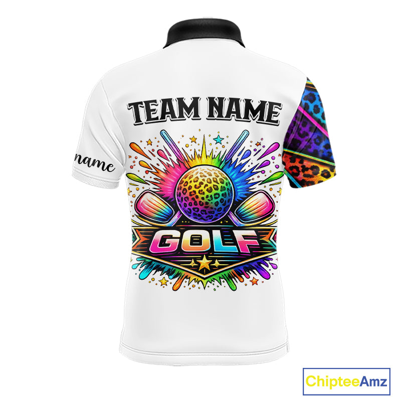 Rainbow Mens Golf Polo Shirt Leopard Print Pattern Custom Golf Ball Team Golf Tops, Golf Gifts NHN0226