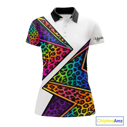 Rainbow Womens Golf Polo Shirt Leopard Print Pattern Custom Team Ladies Golf Tops, Golf Gifts NHN0226