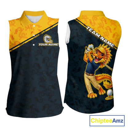 Funny Dragon Womens Sleeveless Golf Polo Shirt Custom Yellow And Blue Team Golf Outfits, Golf Gifts NHN0102