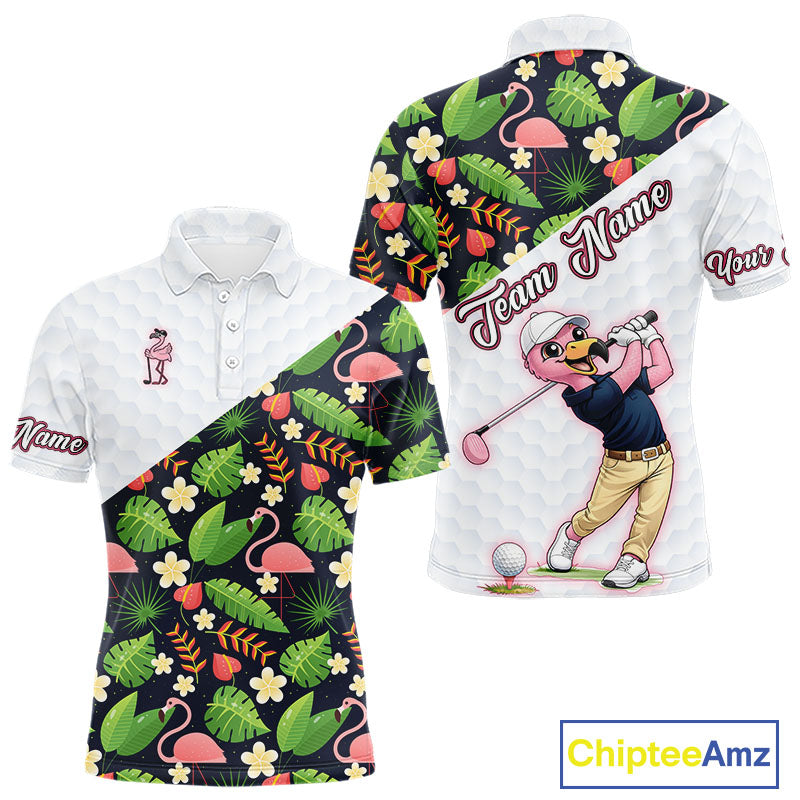 Funny Flamingo Mens Golf Polo Shirt Custom Colorful Floral Flamingo Pattern, Tropical Team Golf Polo NHN0106