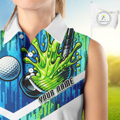 Watercolor Womens Sleeveless Golf Polo Shirt Custom Green Golf Ball Pattern Golf Tops For Ladies NHN0113