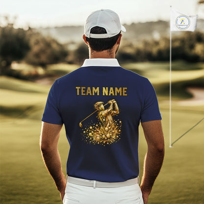 Blue And White Mens Golf Polo Shirt Custom Gold Golfer Swing & Golf Ball Graphic Team Polo, Golf Gifts NHN0115