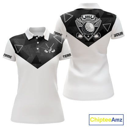 Womens Golf Polo Shirt Black Geometric Triangle Pattern Custom Name White Golf Tops For Ladies NHN0122