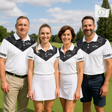 Load image into Gallery viewer, Womens Golf Polo Shirt Black Geometric Triangle Pattern Custom Name White Golf Tops For Ladies NHN0122