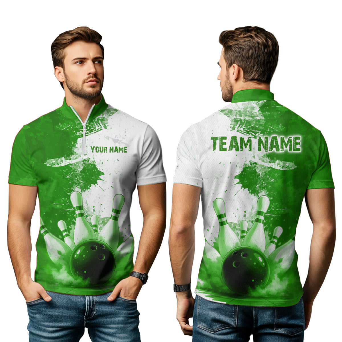 Green Bowling Shirts for Women Men Custom Bowling Polo & 1/4 Zip Shirt for Team MBL220