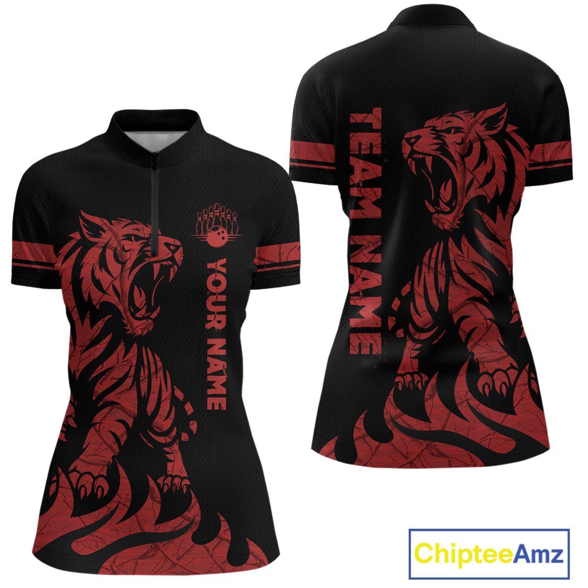 Red Tiger Bowling Shirts for Team Men Women Custom Bowling Jersey Polo & Quarter Zip Shirt MBL188