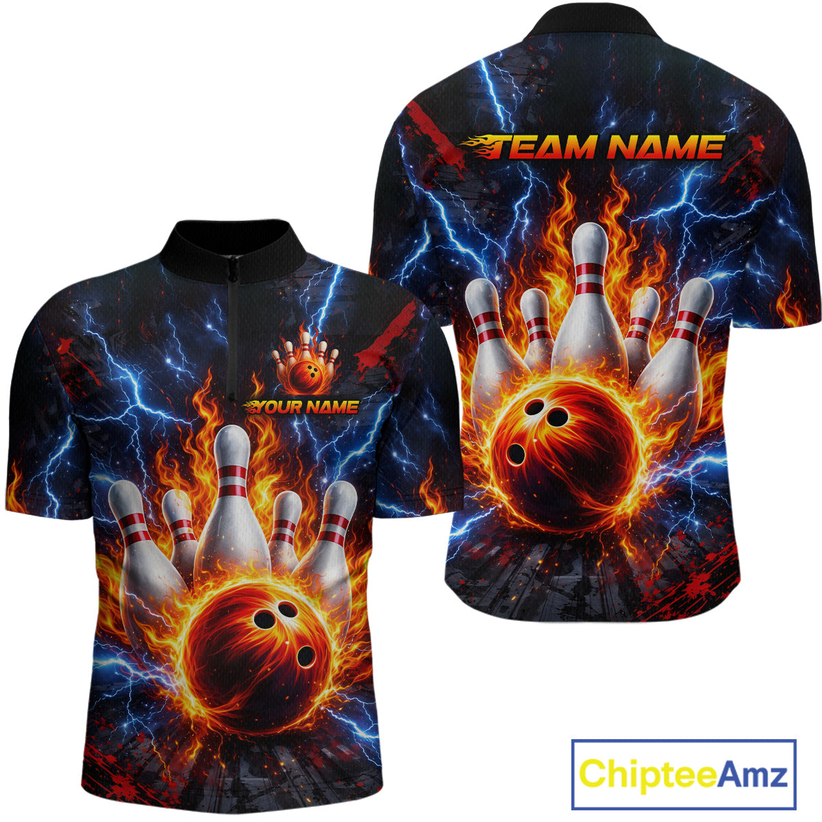 Flaming and Lightning Bowling Shirts for Team Women Men Bowling Polo & 1/4 Zip Shirt MBL242