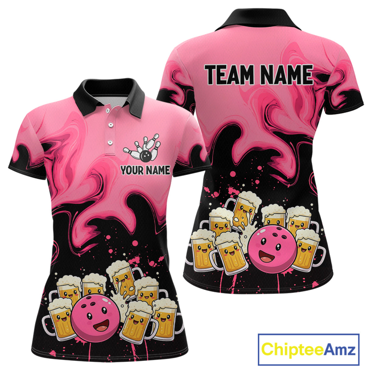 Funny Beer Bowling Shirts Pink for Women Men Bowling Polo&1/4 Zip Bowling League MBL252