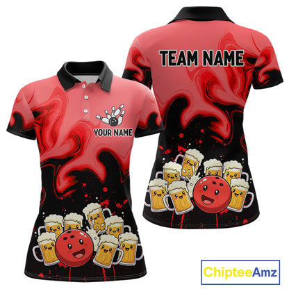 Funny Beer Bowling Shirts Red for Women Men Bowling Polo&1/4 Zip Bowling League MBL252