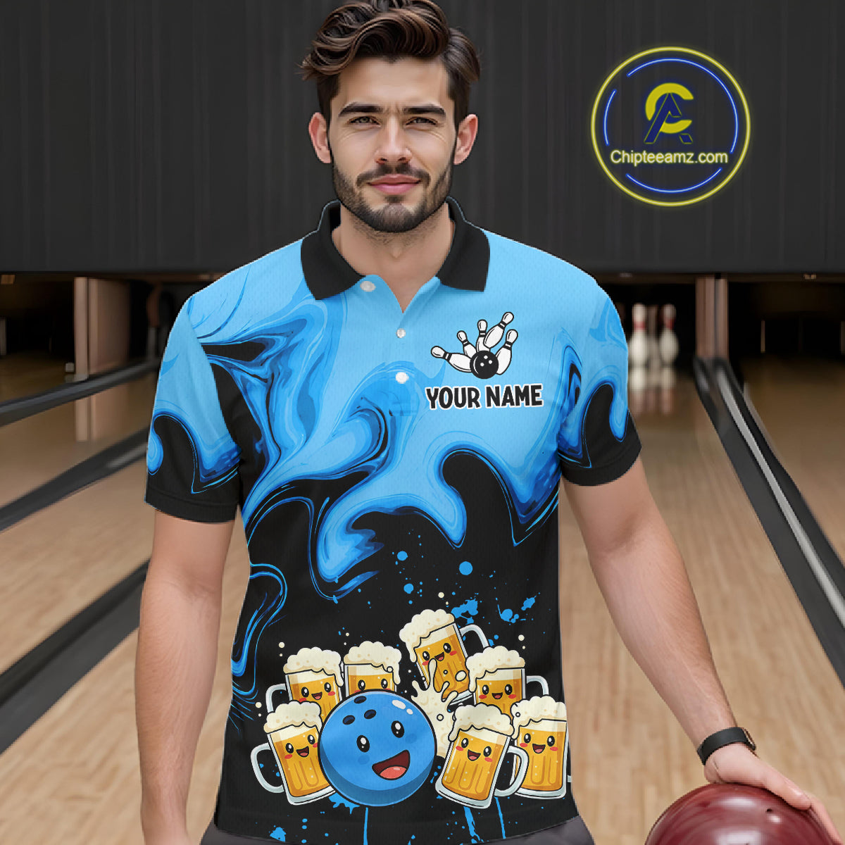Funny Beer Bowling Shirts Blue for Women Men Bowling Polo&1/4 Zip Bowling League MBL252