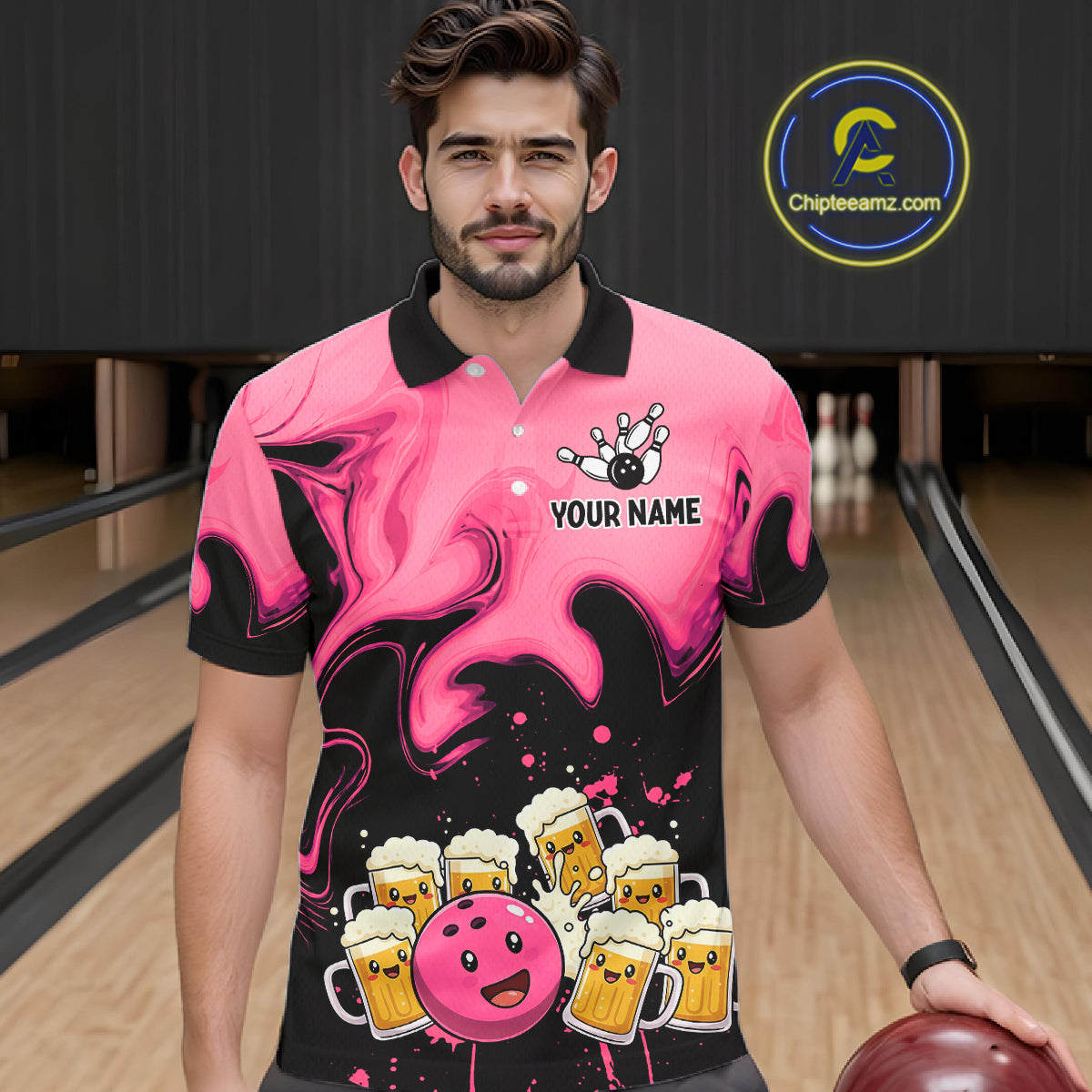Funny Beer Bowling Shirts Pink for Women Men Bowling Polo&1/4 Zip Bowling League MBL252