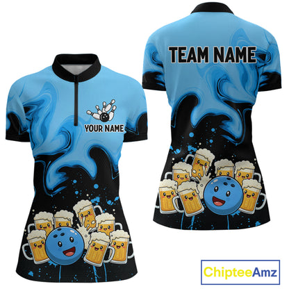 Funny Beer Bowling Shirts Blue for Women Men Bowling Polo&1/4 Zip Bowling League MBL252