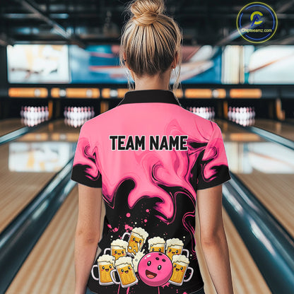 Funny Beer Bowling Shirts Pink for Women Men Bowling Polo&1/4 Zip Bowling League MBL252
