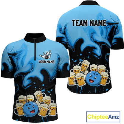 Funny Beer Bowling Shirts Blue for Women Men Bowling Polo&1/4 Zip Bowling League MBL252