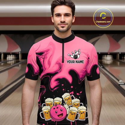 Funny Beer Bowling Shirts Pink for Women Men Bowling Polo&1/4 Zip Bowling League MBL252