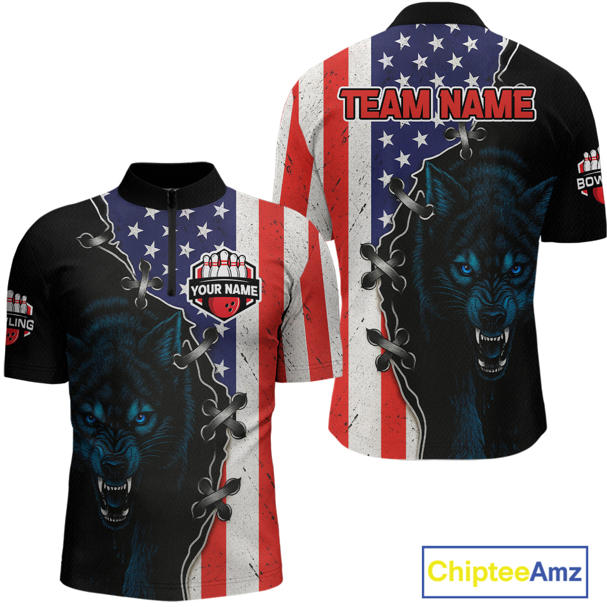 Patriotic Wolf Bowling Shirts for Team Men Women Wolf Bowling Jerseys American Flag MBL203
