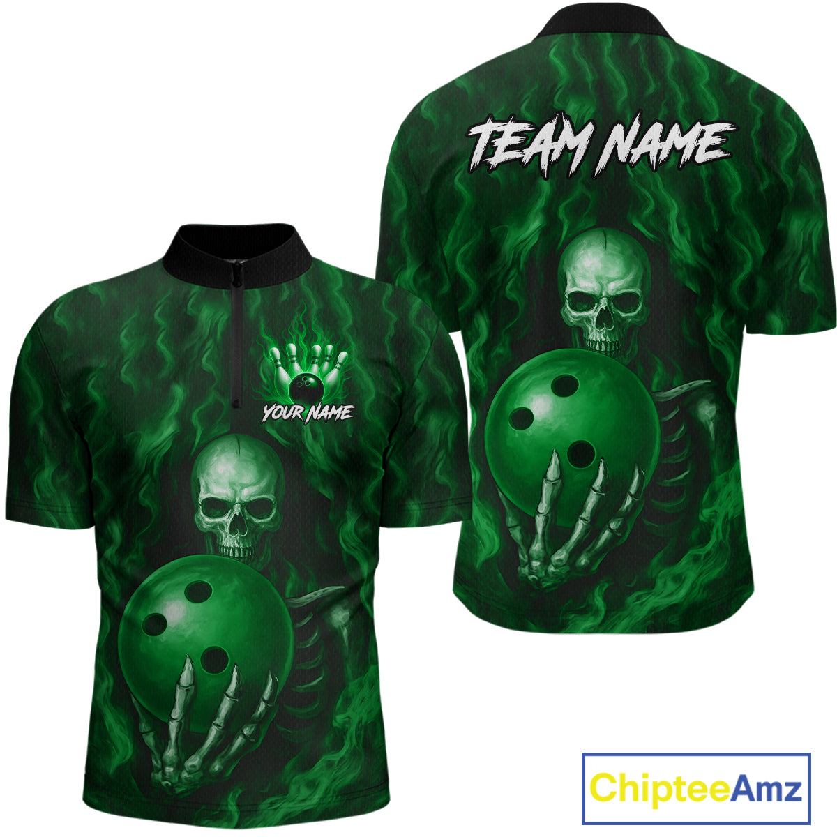 Green Skull Bowling Shirts for Team Men Women Custom Bowling Jerseys for Bowlers MBL206