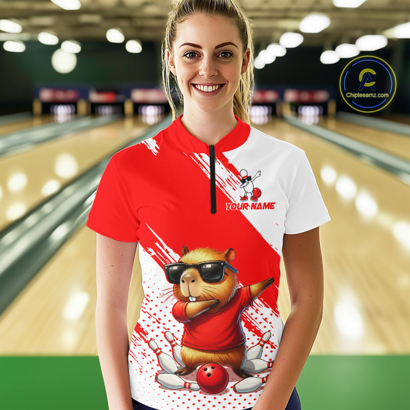 Funny Squirrel Bowling Shirts Team Men Women Bowling Jerseys Red Bowling Polo 1/4 Zip MBL215