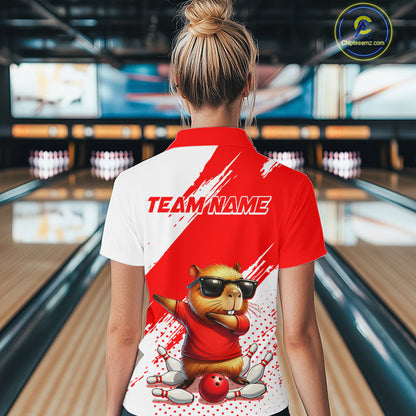 Funny Squirrel Bowling Shirts Team Men Women Bowling Jerseys Red Bowling Polo 1/4 Zip MBL215