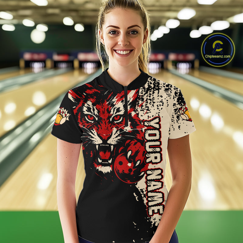 Black&Red Tiger Bowling Shirts for Team Women Men Custom Bowling Polo & 1/4 Zip Shirt MBL185