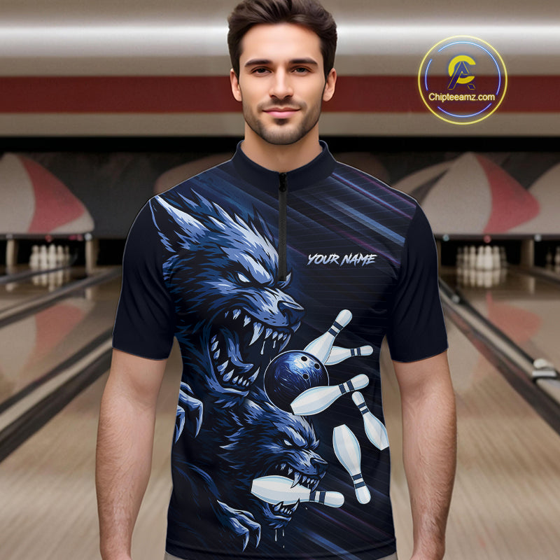 Wolf Bowling Shirts for Team Women Men Custom Blue Wolf Bowling Polo&1/4 Zip MBL192