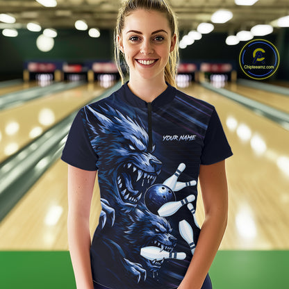 Wolf Bowling Shirts for Team Women Men Custom Blue Wolf Bowling Polo&1/4 Zip MBL192