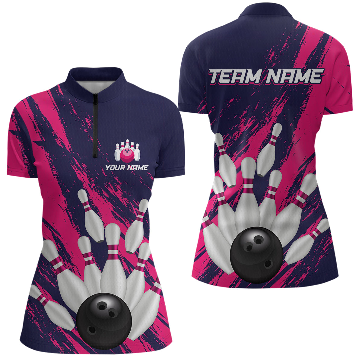 Custom Pink and Blue Bowling Shirts for Team Women Men Bowling Polo & 1/4 Zip MBL232