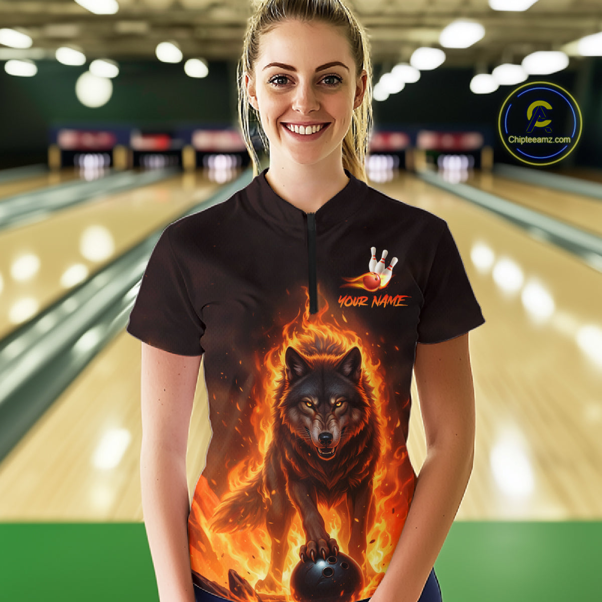 Flaming Wolf Bowling Shirts for Team Women Men Bowling Jersey Bowl Polo&1/4 Zip MBL237
