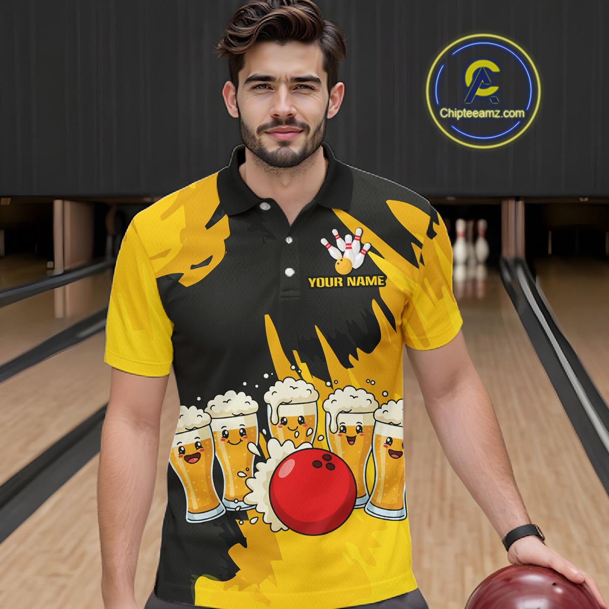 Funny Beer Bowling Shirts Yellow for Women Men Team Bowling Polo & 1/4 Zip Shirts MBL251