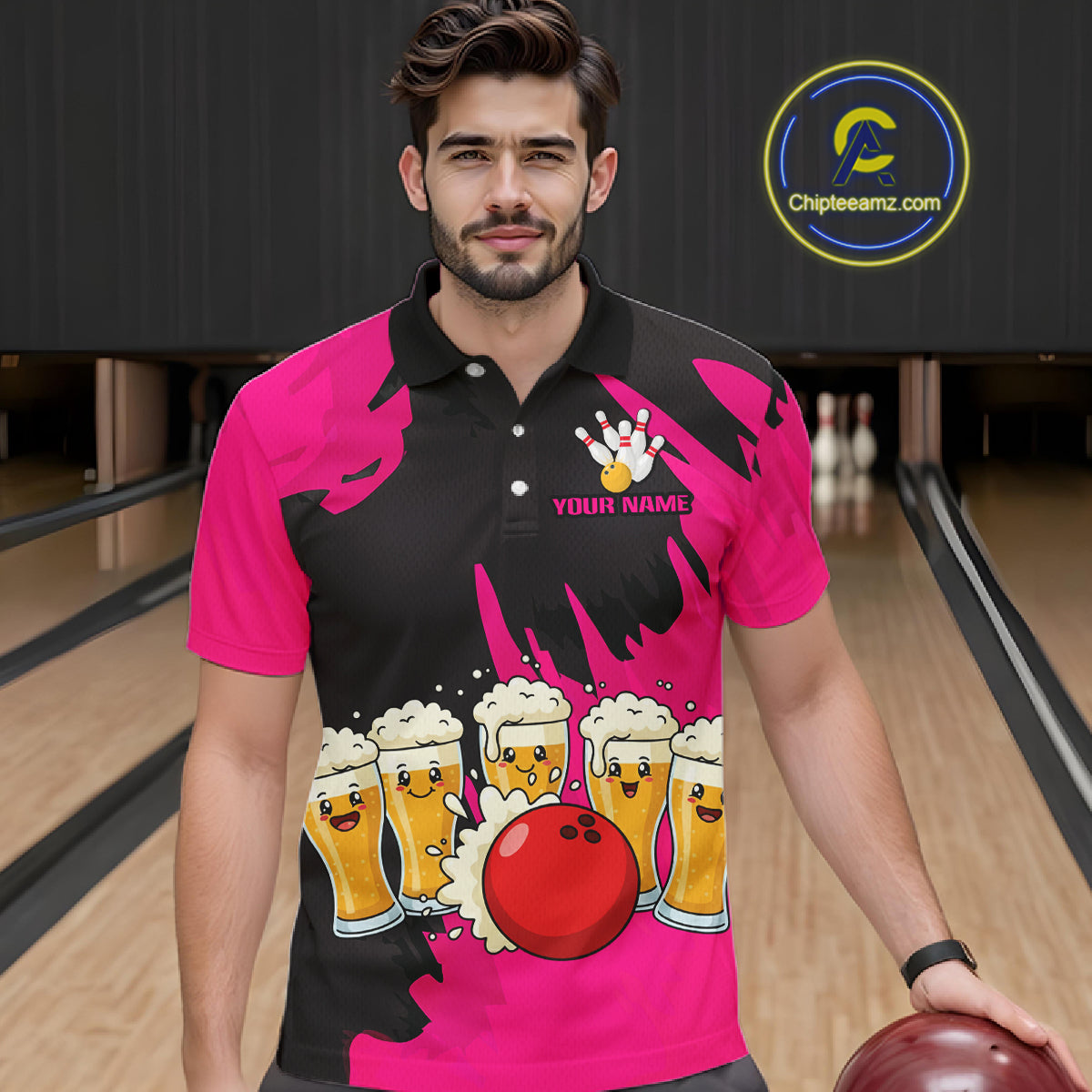 Funny Beer Bowling Shirts Pink for Women Men Team Bowling Polo & 1/4 Zip Shirts MBL251
