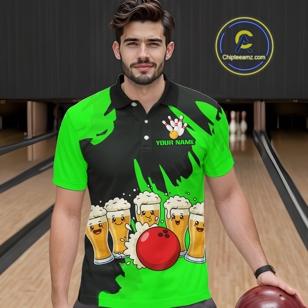 Funny Beer Bowling Shirts Green for Women Men Team Bowling Polo & 1/4 Zip Shirts MBL251