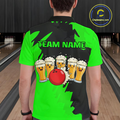 Funny Beer Bowling Shirts Green for Women Men Team Bowling Polo & 1/4 Zip Shirts MBL251