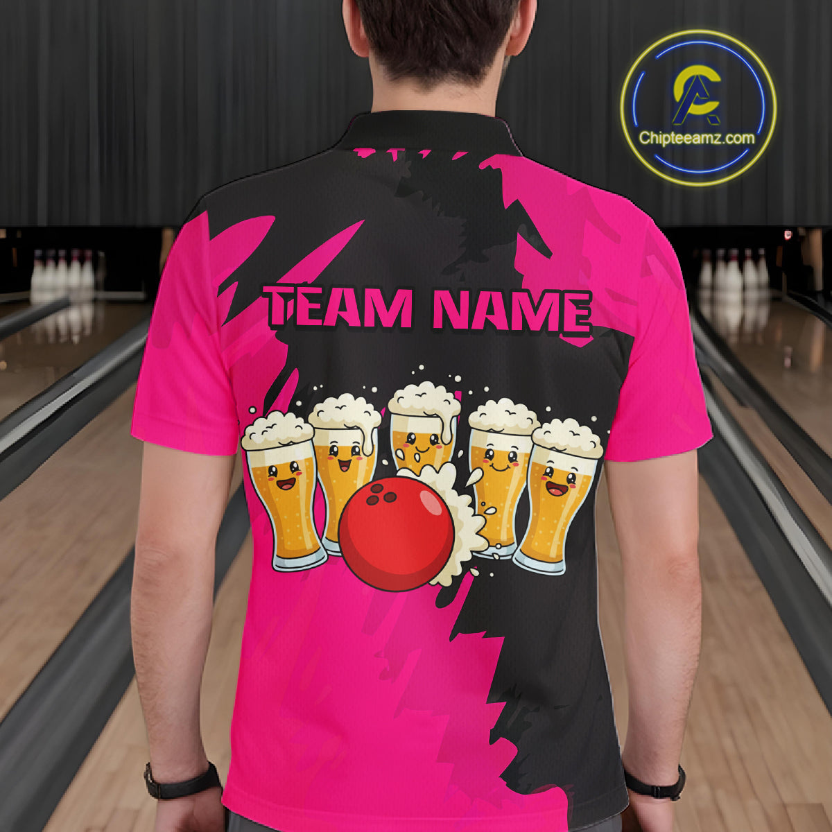 Funny Beer Bowling Shirts Pink for Women Men Team Bowling Polo & 1/4 Zip Shirts MBL251