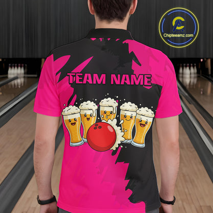 Funny Beer Bowling Shirts Pink for Women Men Team Bowling Polo & 1/4 Zip Shirts MBL251