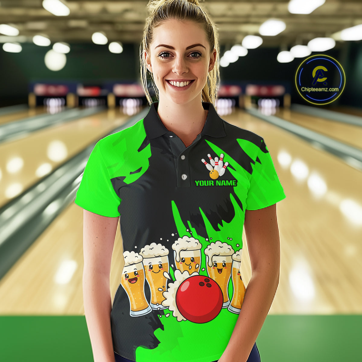 Funny Beer Bowling Shirts Green for Women Men Team Bowling Polo & 1/4 Zip Shirts MBL251
