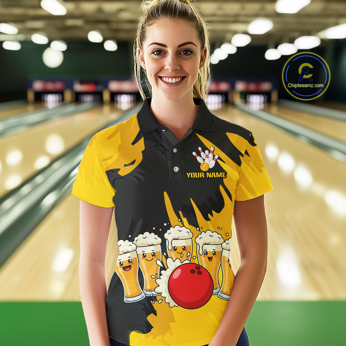 Funny Beer Bowling Shirts Yellow for Women Men Team Bowling Polo & 1/4 Zip Shirts MBL251